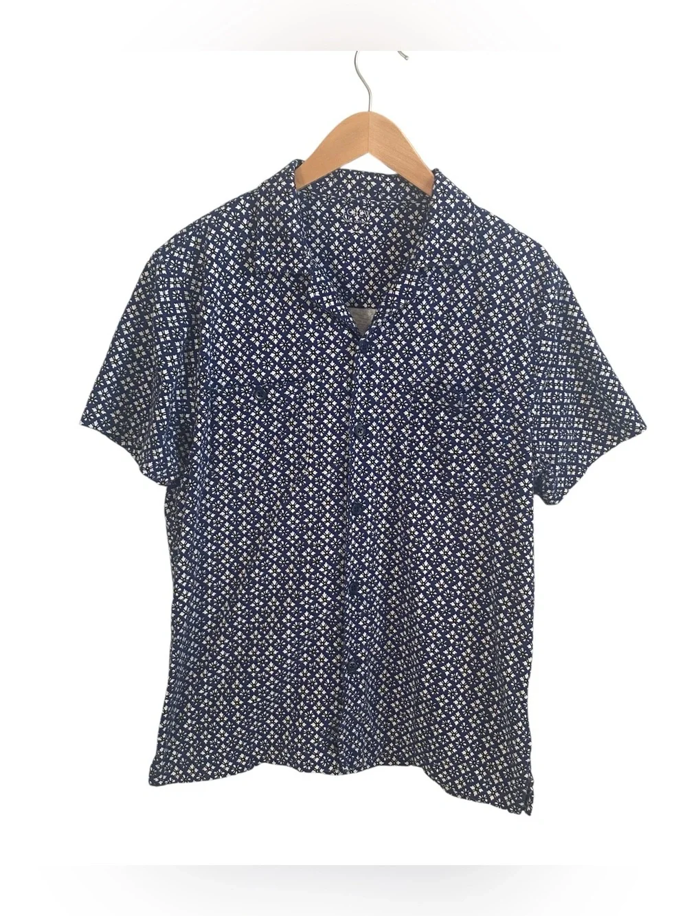 J.Crew Slim Fit Navy White Geometric Floral Cotton Short Sleeve Button Down L